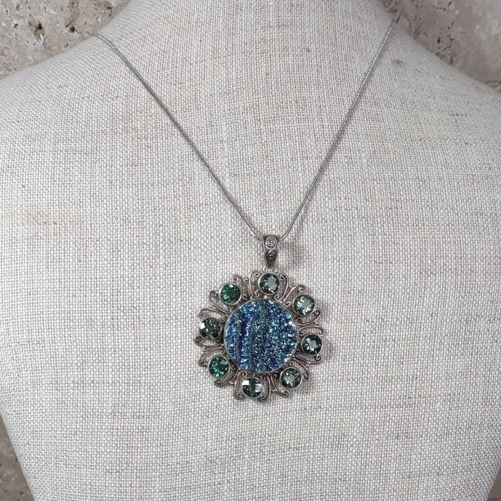Peacock Druzy/Green Amethyst/Sterling Silver Pendant Necklace